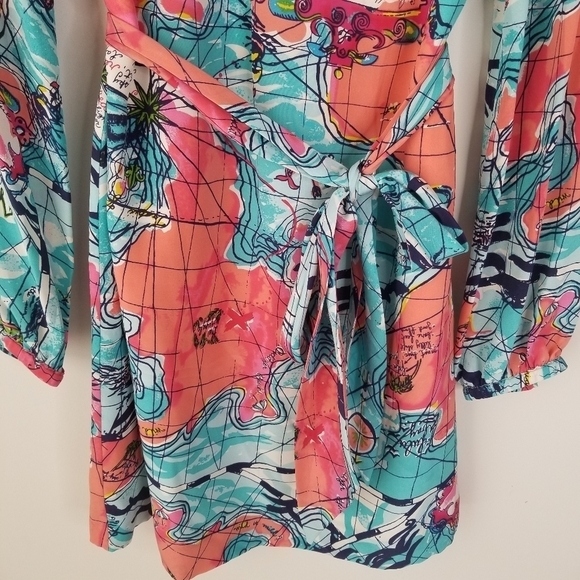 Lilly Pulitzer Silk Connie Dress X Marks the Spot Print Long Sleeve Tie Waist 2 - Picture 7 of 15